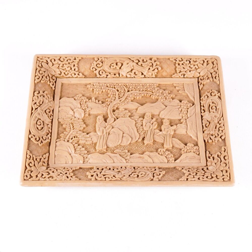 Chinese Oriental Asian Nature Landscape 10" Resin Collector Plate Dish Tray Tan